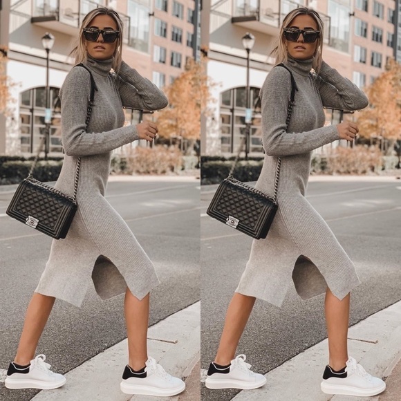 NWT Lulu’s Trendy Blogger Favorite Heather Grey Turtleneck Midi Sweater Dress - Picture 1 of 12